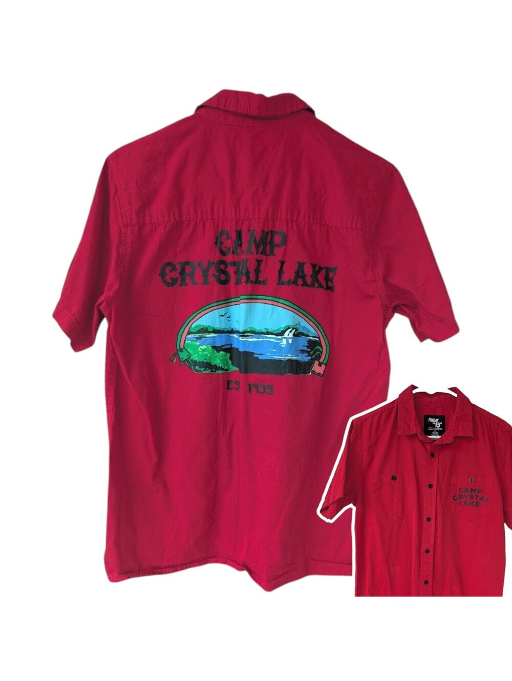 Friday The 13th Camp Crystal Lake Shirt Men M Red Jason Horror Button Up 20.5x27